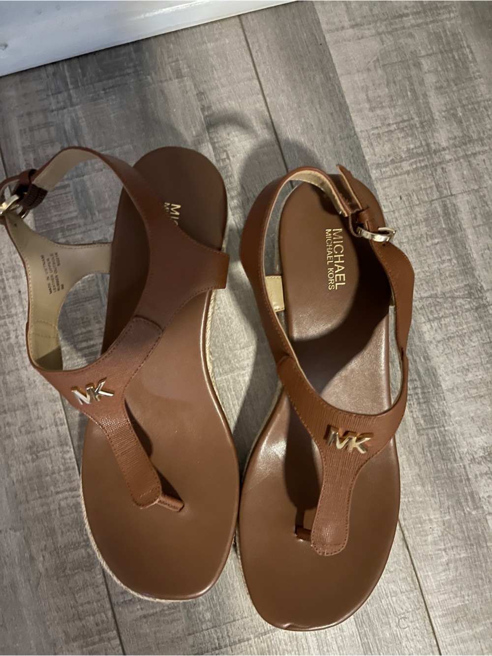 Michael Kors Tan Leather T-Strap Sandals with Gold MK Accent